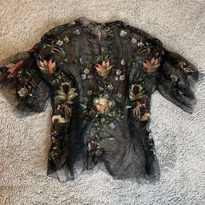 Black Mesh top with Floral Embroidery- Zara Women